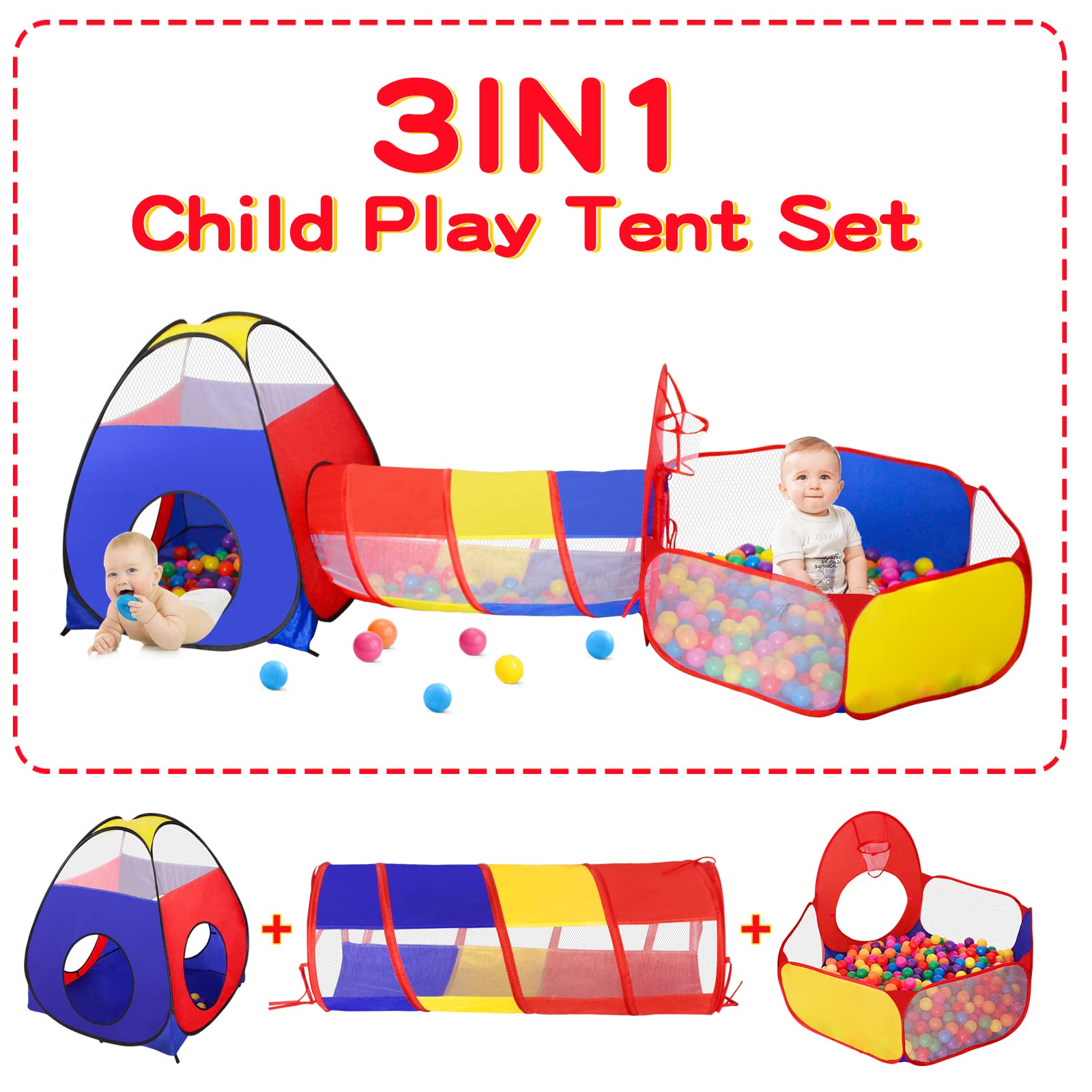 GeerWest 3 in 1 Kids Play Tent with Ball Pit and Tunnel Lesson Store