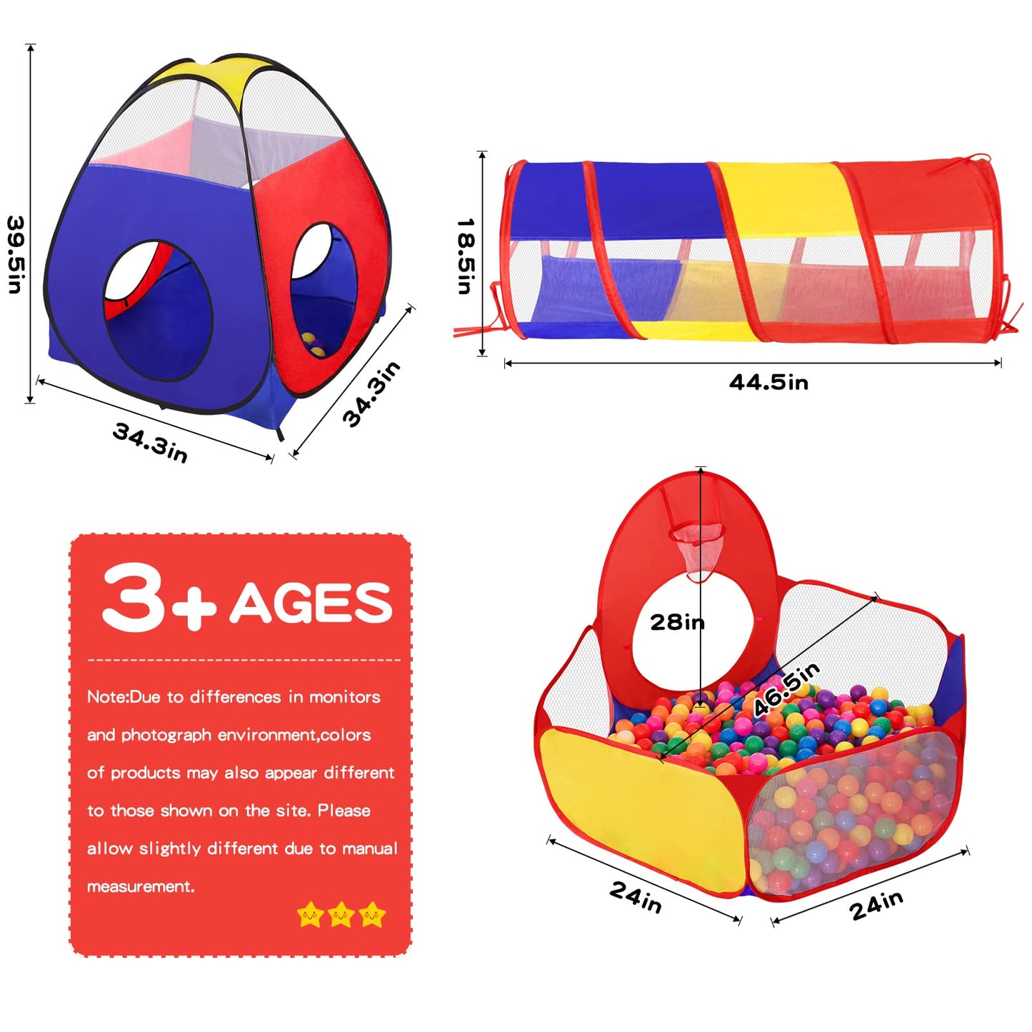 GeerWest 3 in 1 Kids Play Tent with Ball Pit and Tunnel